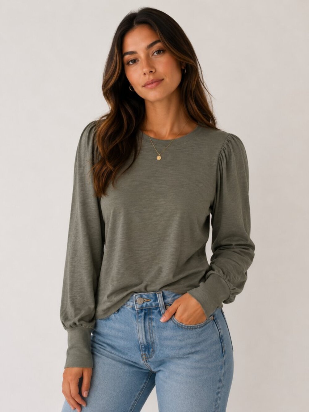 Madewell Green Long Sleeve Puff Top with Smock Sleeve S NWT